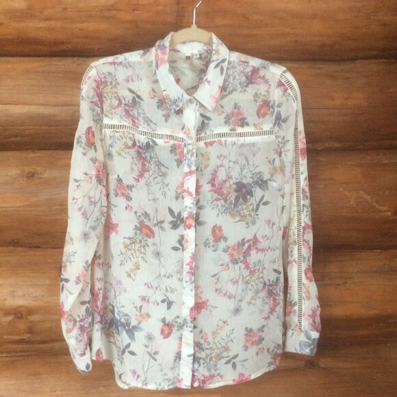 Kut From The Kloth White Sheer Floral Gauzy Casual Buttoned Button Up Top Size M - Picture 1 of 4